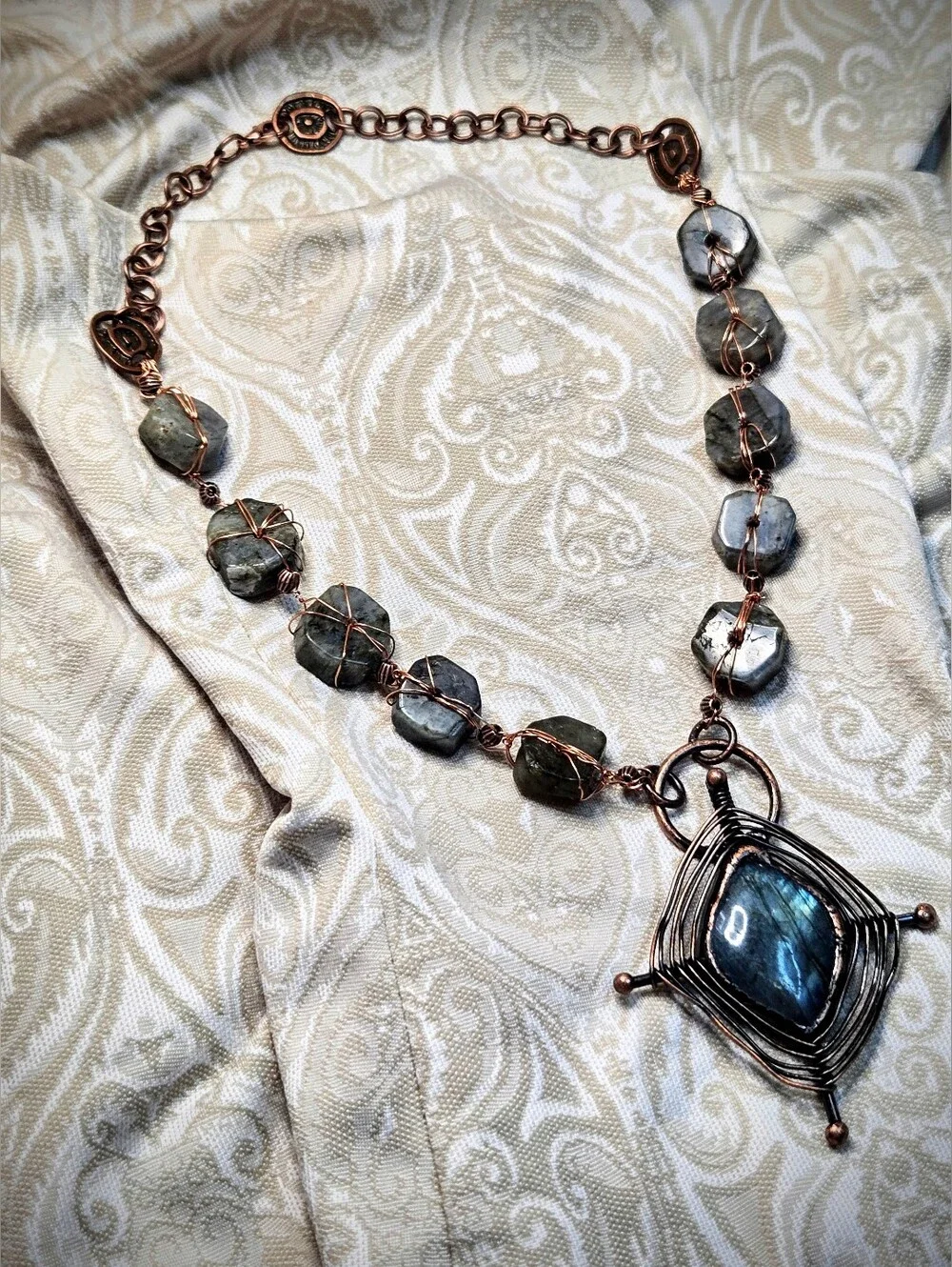 Handmade Natural Wheel Labradorite & Pendant Wire Wrapped Artisan Made Necklace